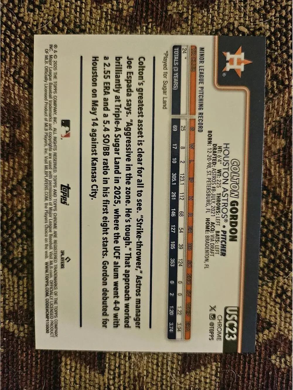 2025 Topps Chrome Update - Colton Gordon - RC  #USC23 - Astros - RAW Mint